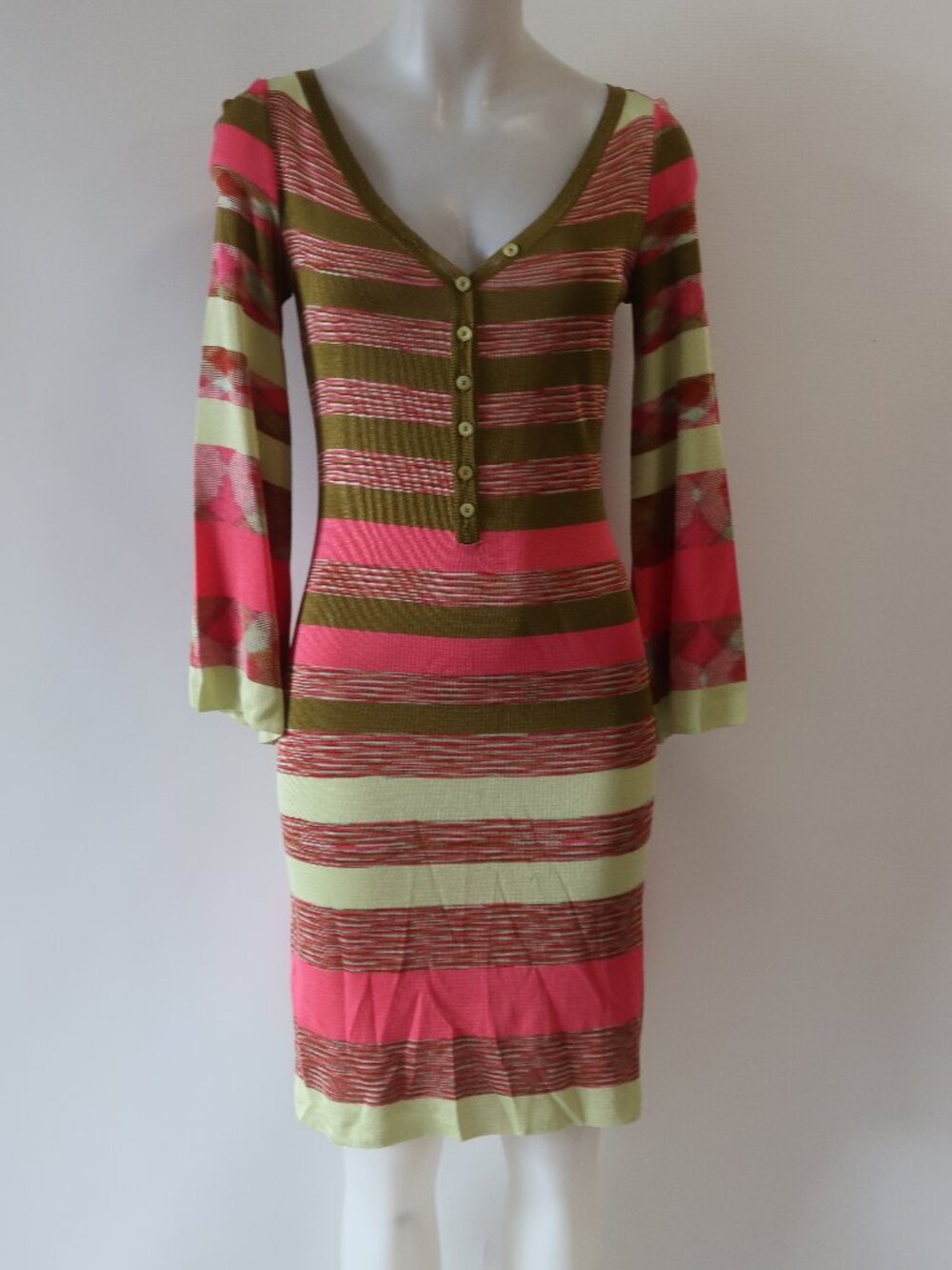 Women Missoni Pink Olive Muted Grn (Item-83) Rayon V-Neck Sweater Dress 40 US/4
